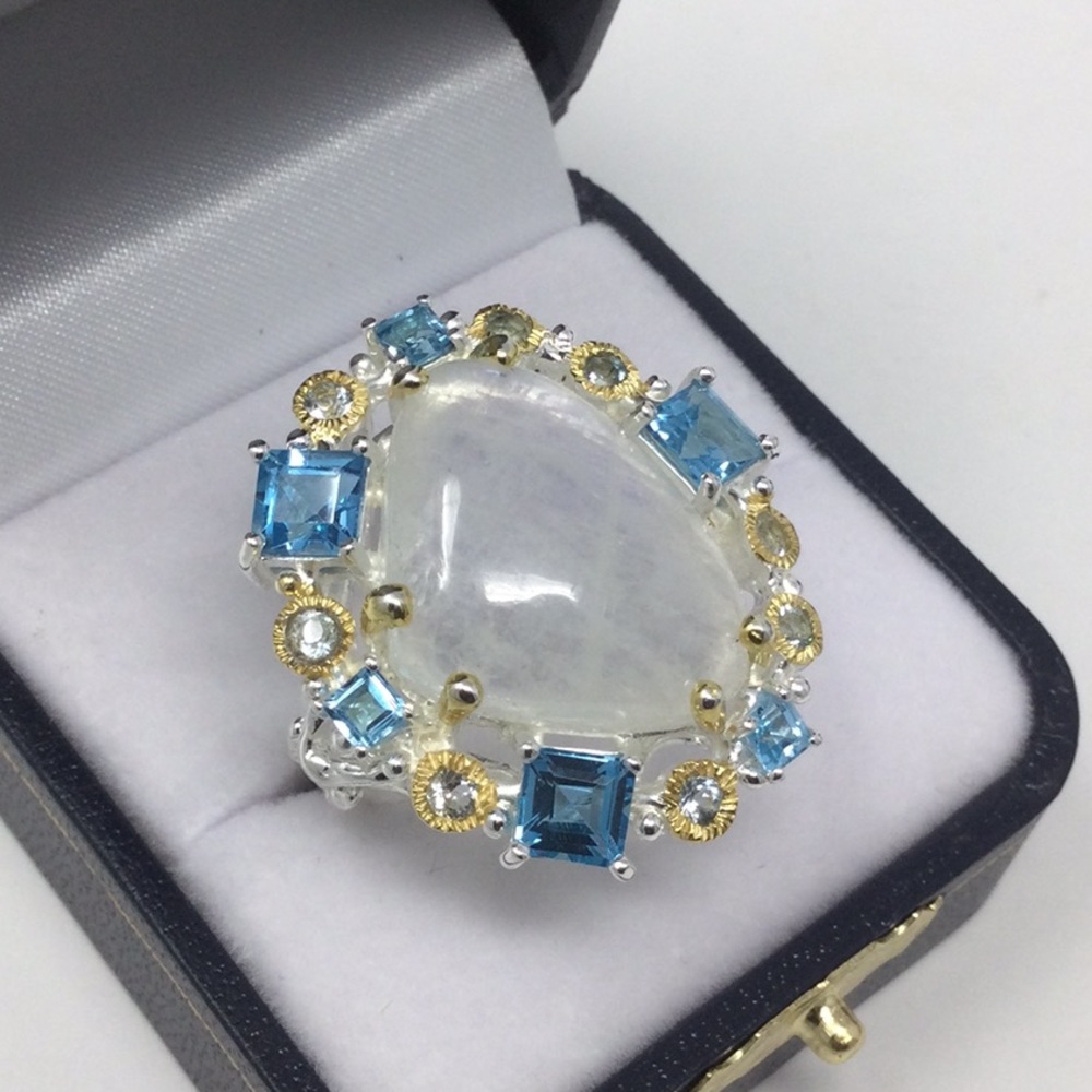 Genuine Moonstone & Emerald Cut Topaz Ring - Picture 8 of 8